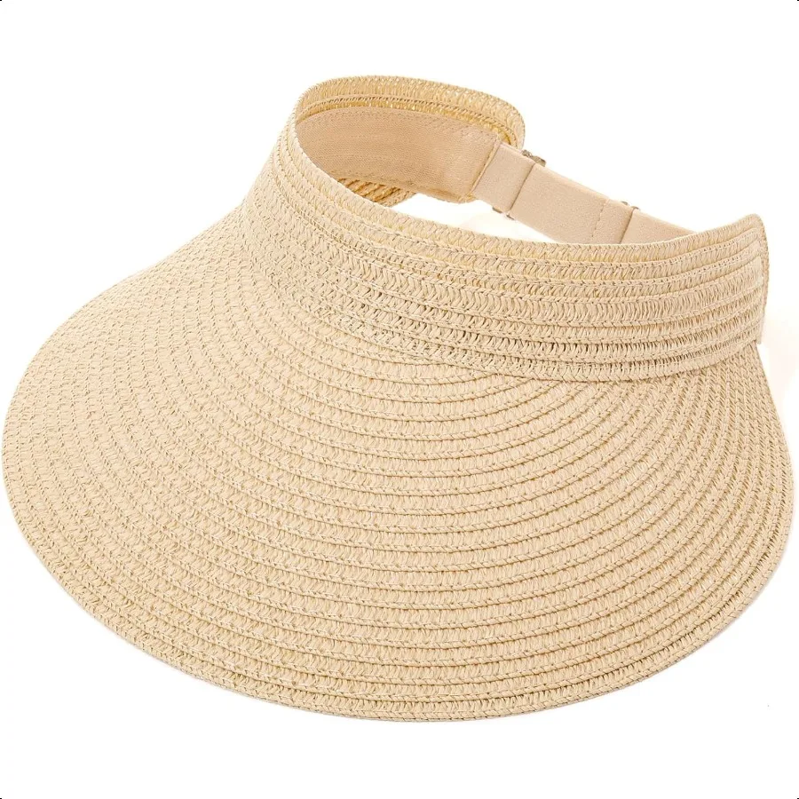 

Sun Visor Hat for Women Wide Brim Straw Visors Beach Hat Ponytail UV UPF Packable Foldable Travel