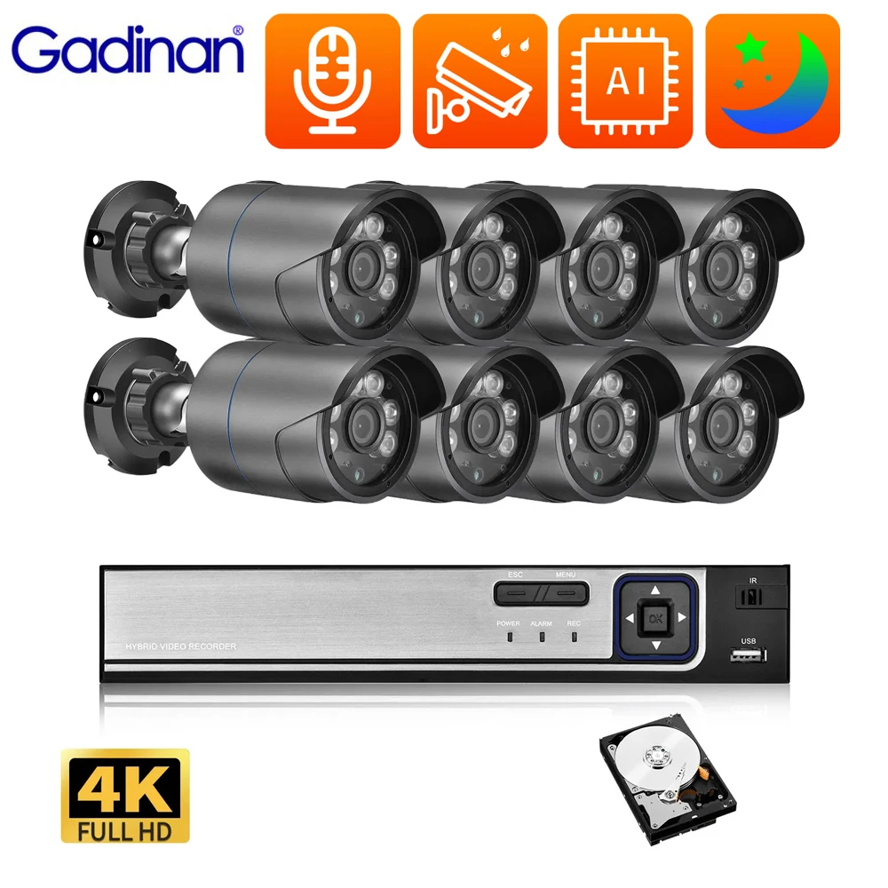 Gadinan 8CH NVR Kit Security System POE IP Camera HD 4K 8MP Outdoor Waterproof H.265+ Color Night Vision Video Surveillance Set