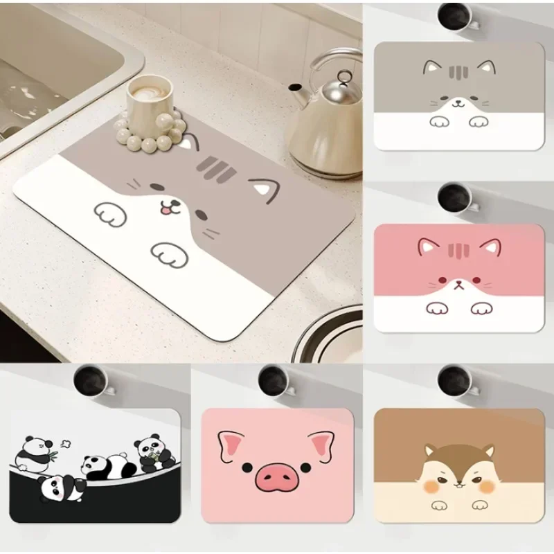 Cute Dog Panda Draining Pad Cat Pig Upgraded Drying Mat For Kitchen Bar Coffee Dishes Diatomaceous Earth Absorbent Non Slip Mat