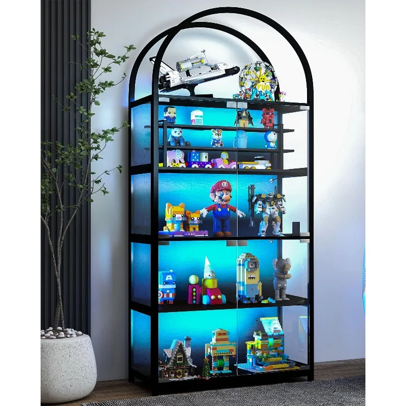 Display Arched Cabinet with Glass Doors, Curio Cabinet for Labubu Display 5-Tier Display Case with 7 Color RGB Lights