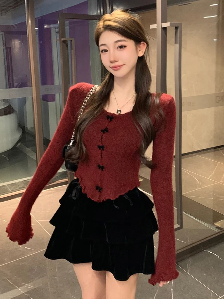 

New Year Red Knitted Base irt Women's Sli Slim Fit Sweater Inner Wear Ele Beautiful Top Sweet Sle Regular Fit