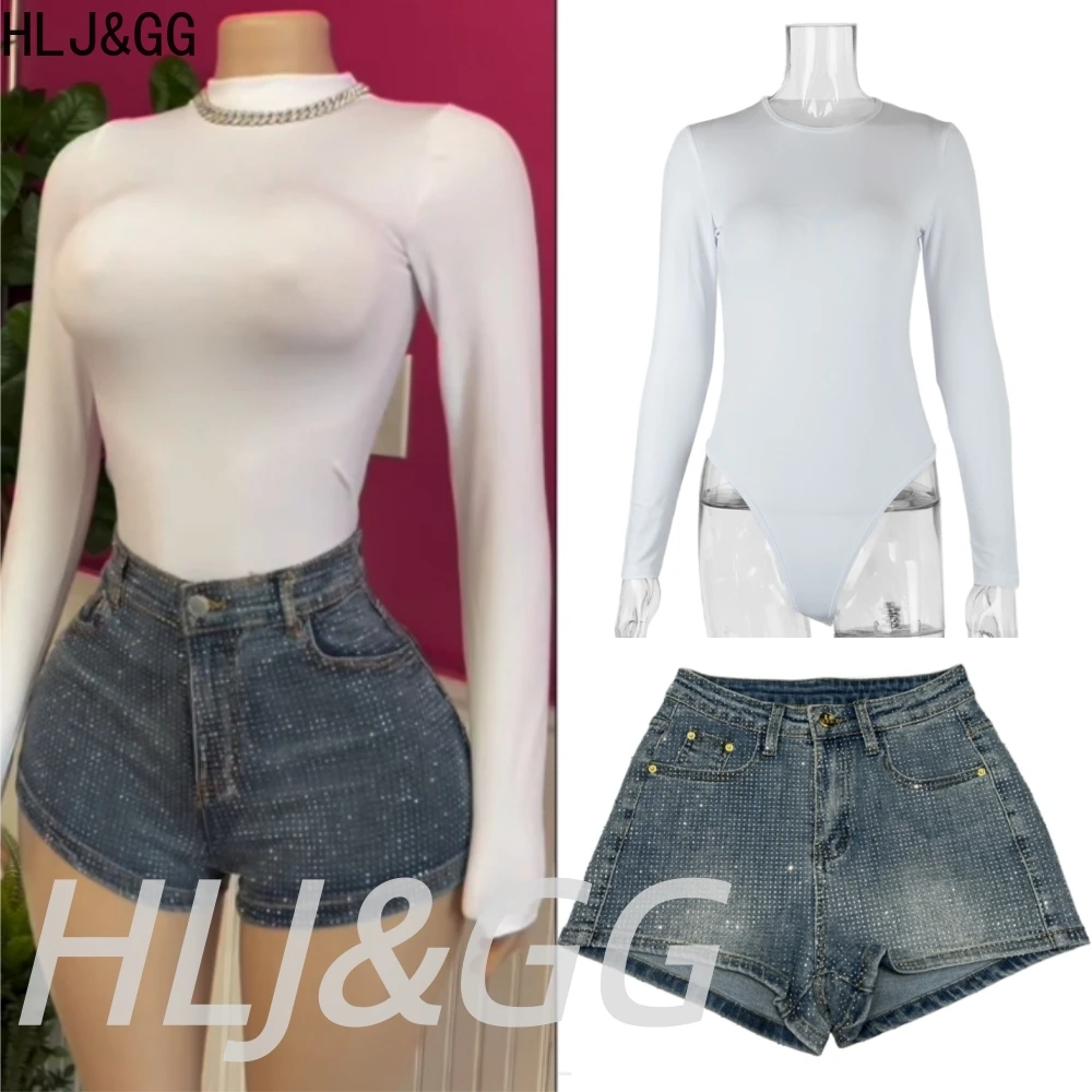 

HLJ&GG Trend Rhinestone High Quality Denim Shorts Two Piece Sets Women Long Sleeve Bodysuits + Shorts Outfits Fashion Streetwear