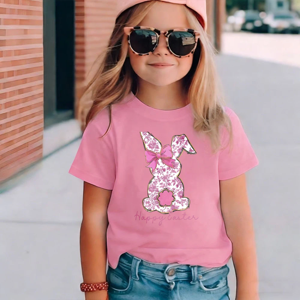 Cute Easter Bunny Kids T-Shirt Pink Floral Rabbit Graphic Happy Easter Cotton for Girls Fashion Spring Summer Casual Wear Tops