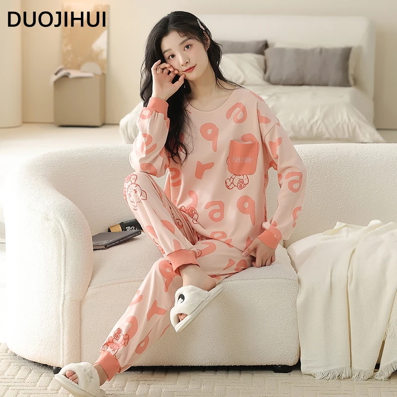 Duojihui-女性用ルーズパジャマセット、女性用パジャマセット、コントラストカラー、長袖、ベーシック、シンプル、カジュアルファッション