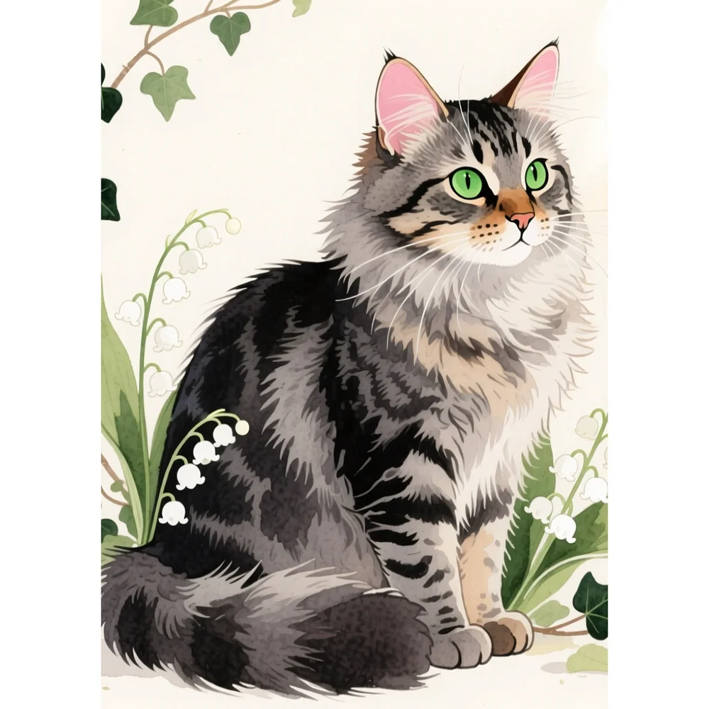 

Maine Coon Cat Lily of the Valley 5D Resin Diamond Painting AB & FD Fairy Dust Drill DIY Diamond Art Animal Cross Stitch Kits,