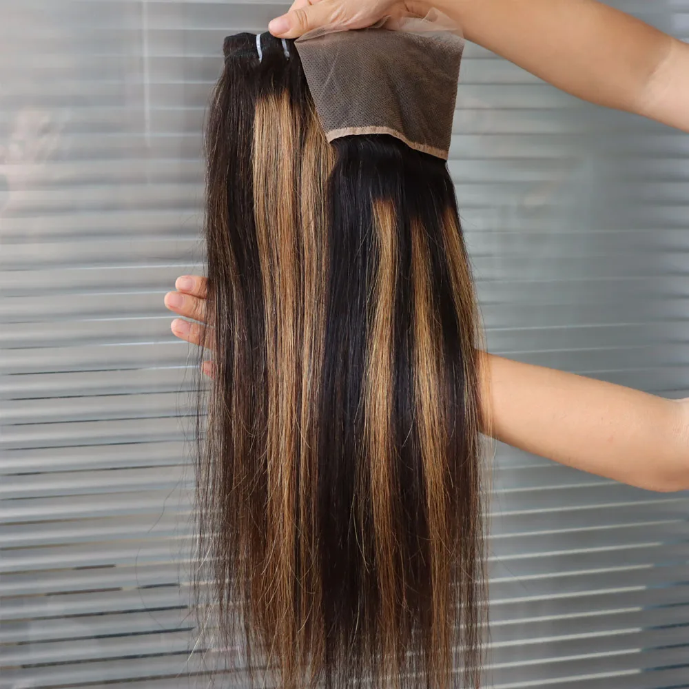 حزمة الشعر البشري مع الدانتيل إغلاق أمامي 4x4 5x5 13x4 13x6 عذراء الشعر الهندي تسليط الضوء على أومبير 1B 27 العسل شقراء كامل الرأس