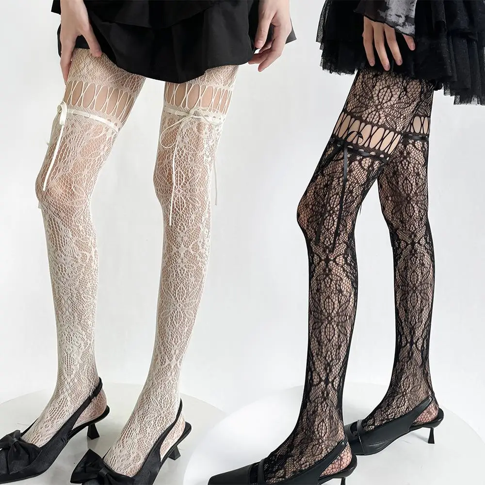 

Beige Tights Fishnet Stockings Bottoming Leggings Bow Tie Strap Mesh Sheer See Through Sexy JK Uniform New Design Lace Pantyhose