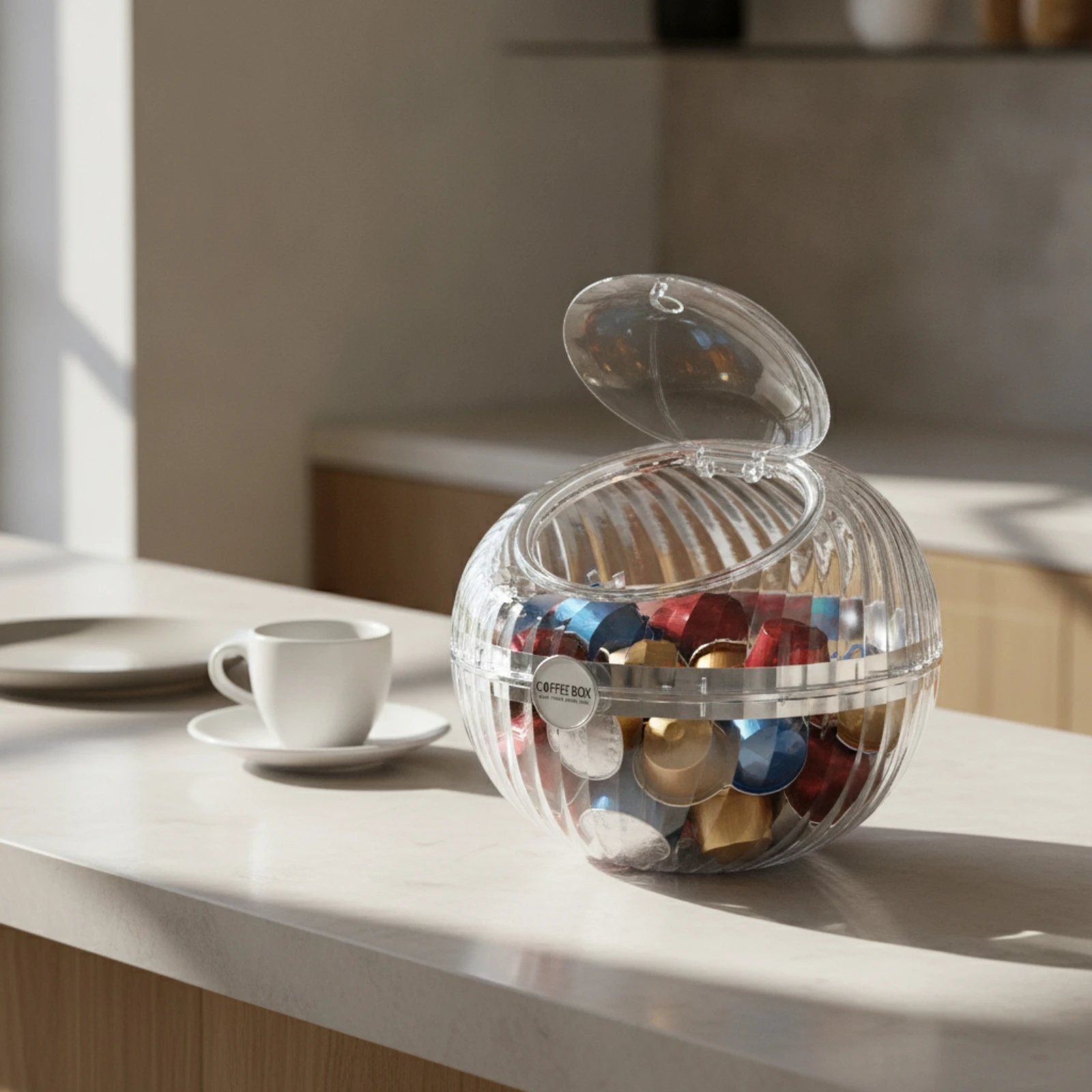 Spherical Storage Box with Hinged Lid Transparent Coffee Pod Storage Box with Lid Coffee Capsule Holder Ribbed Clear Candy Jar - view 5