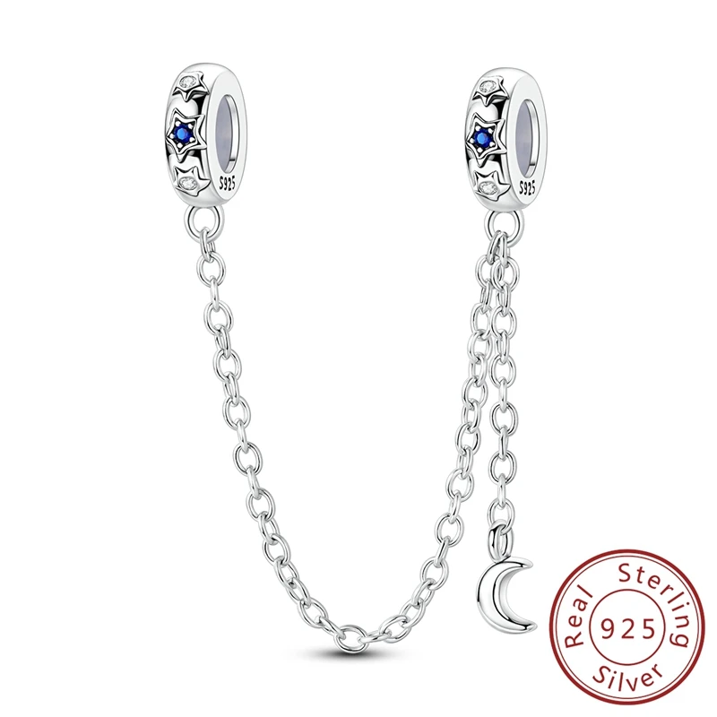 

Boutique 100% 925 Sterling Silver Star Moon Tassel Rubber Stopper Safety Chain Charm Fits Bracelet For Women Jewelry Accessories