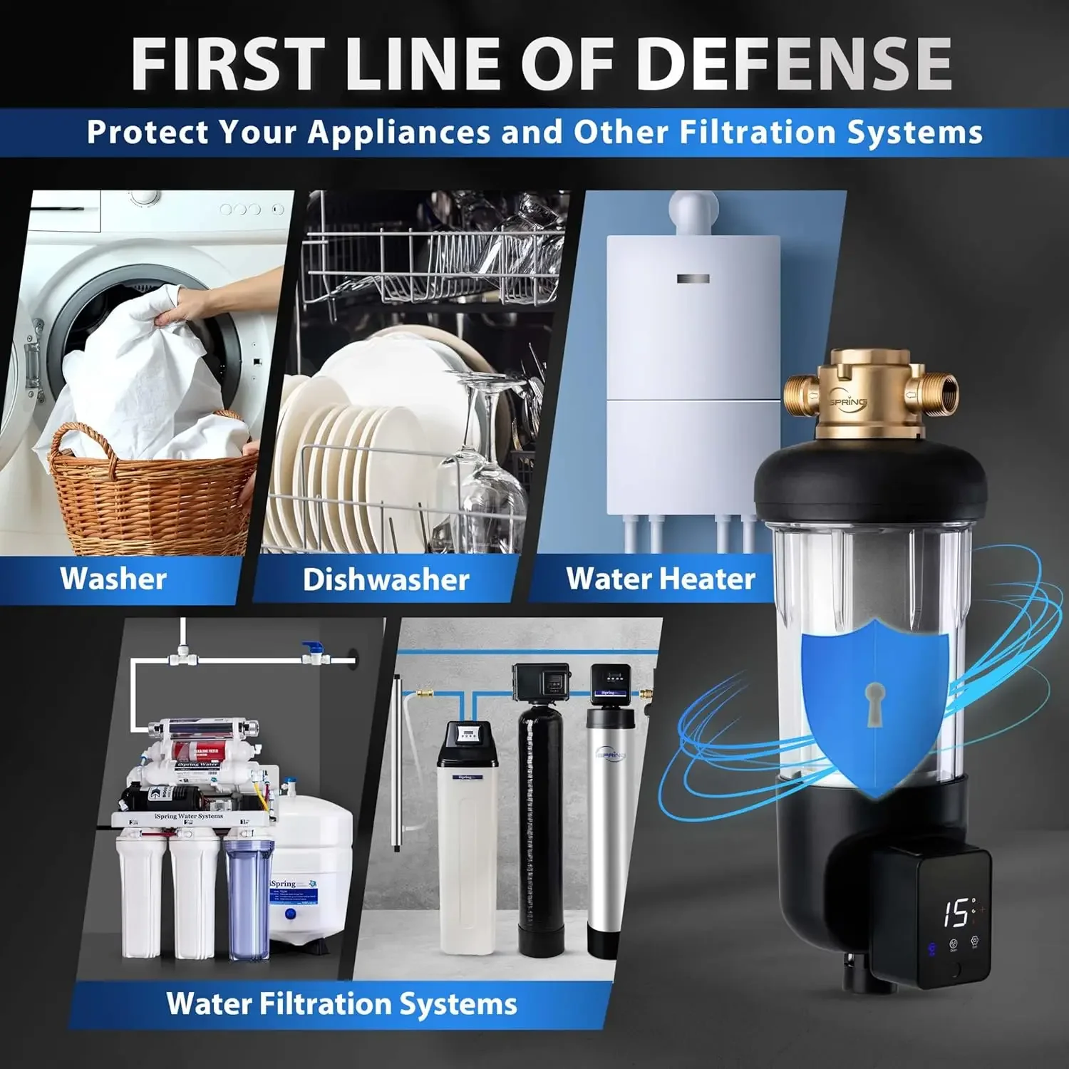 Spin-Down Sediment Water Filter, Upgraded Jumbo Size, Reusable with Touch-Screen Auto Flushing Module, Brass Top Clear Housing