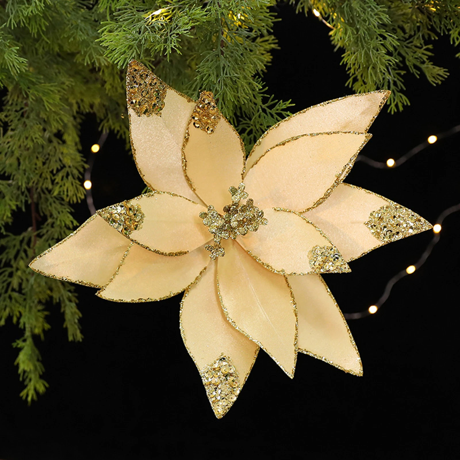 Artificial Christmas Flowers Shiny Floral Picks Yarn Stems With Glitter Ornaments For Xmas Tree Wreath Decor Decorations