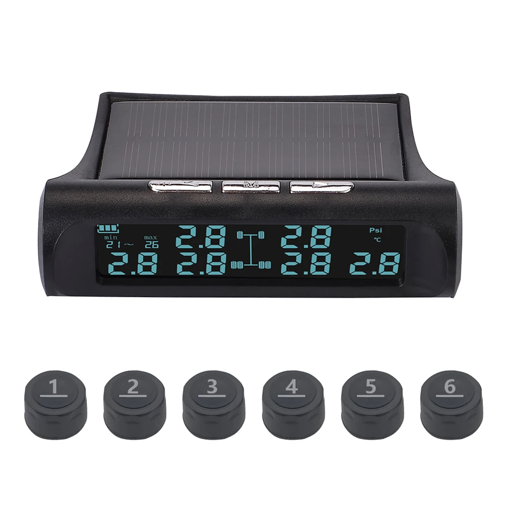 Wireless Car Tire Pressure Monitor 6 External Sensor TPMS Tyre Pressure Monitoring System USB Solar Charging Temperature Alert