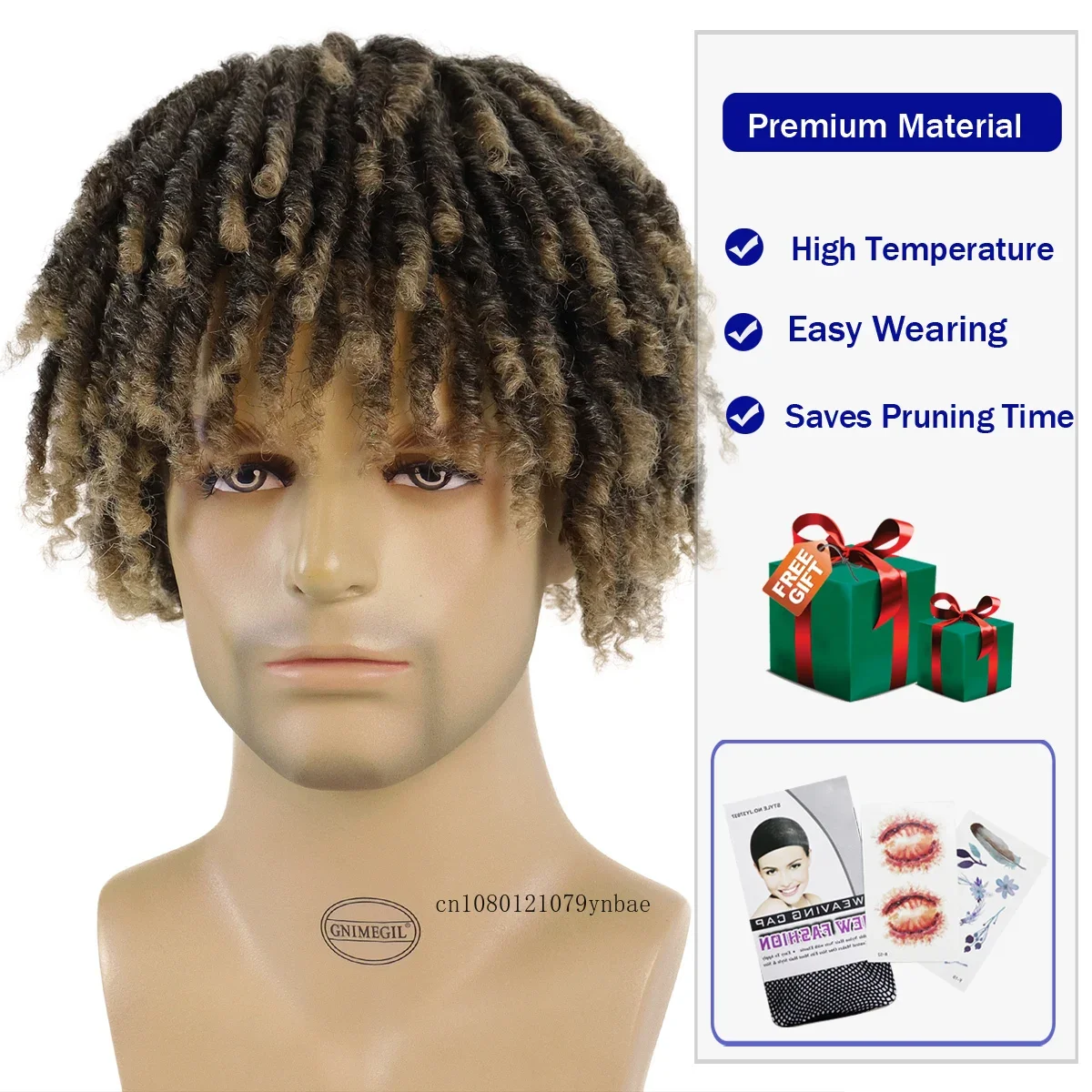 Synthetic Dreadlock Hair Ombre Light Brown Wig with Clip in Twist Braided Wigs Toupee for Men Short Afro Curly Wig Cosplay Daily