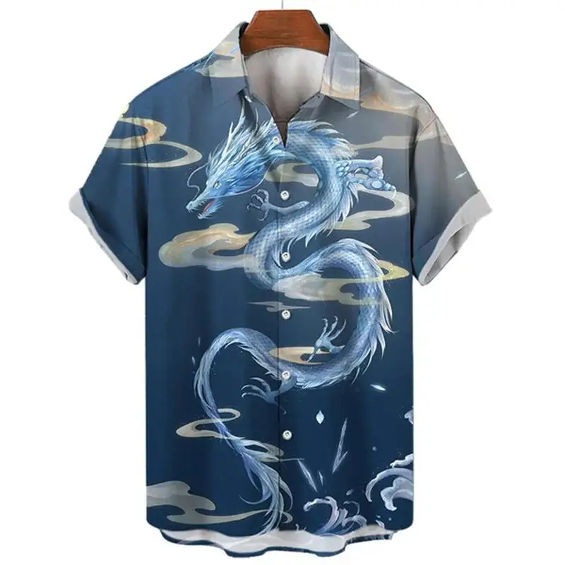 Summer Men\'s Dragon Pattern Element Shirt Social Casual Vintage Hawaiian 2023 New Oversize Short Sleeve Street Clothing