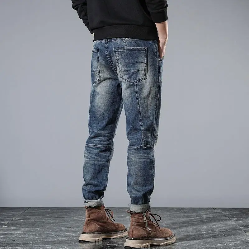 

Spring high-end retro jeans men's splicing trend, rugged and handsome motorcycle straight leg small leg American pants