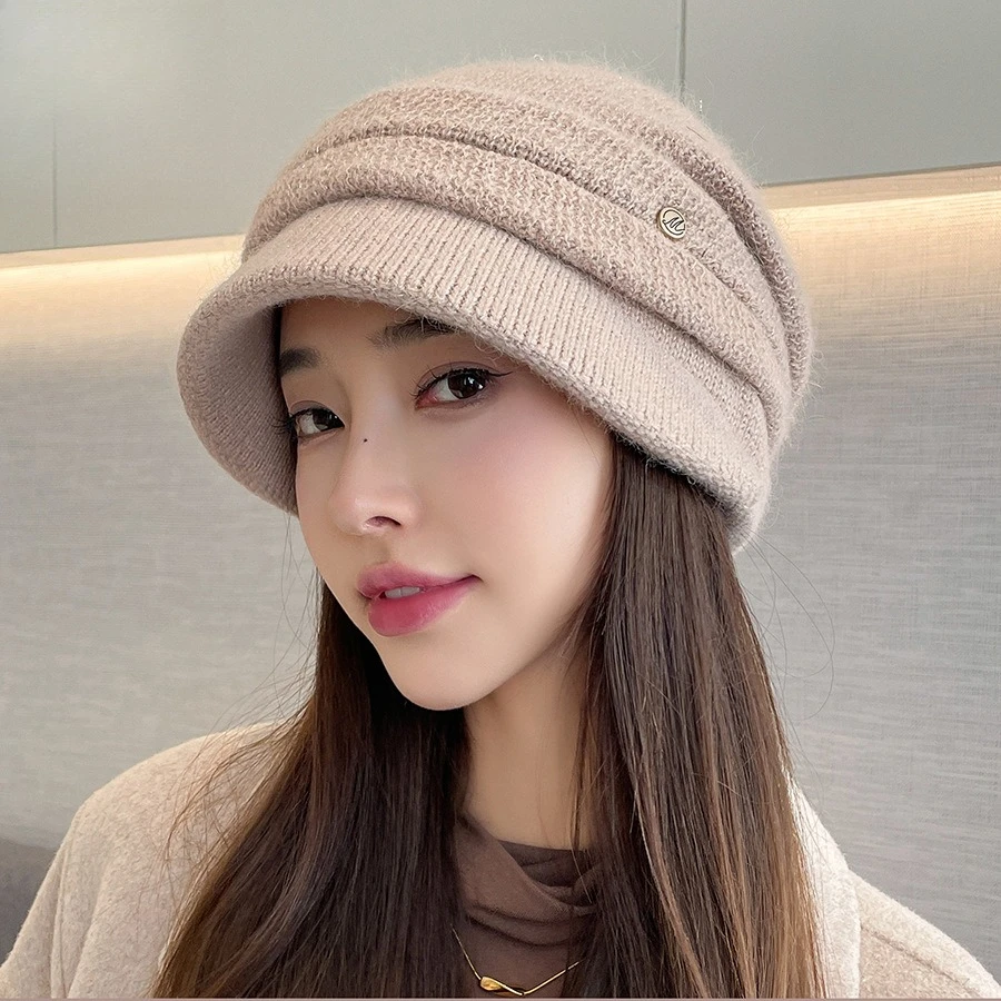 Premium Light Luxury Copper Buckle M Duck Tongue Rabbit Fur Hat Large Brim Ear Protector Fleece Basin Hat Outdoor Warm Knitting