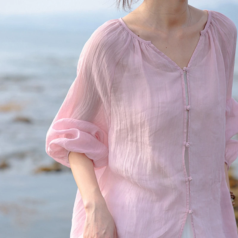 

Новое поступление, летняя свободная посадка, повседневная тонкая блузка с v-образным вырезом и рукавом девять четвертей, однобортная женская рубашка Ramie хорошего качества Y117