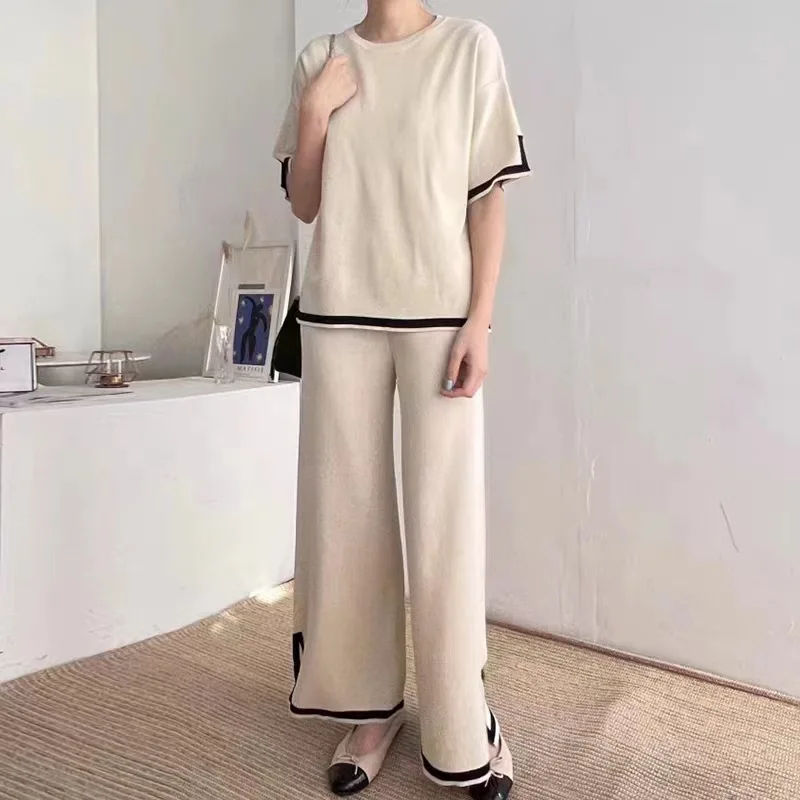 2024 Fashion Minimalist Patchwork Loose Short Sleeved Sweater Top High Waisted Slimming Wide Leg Pants Two-piece Set