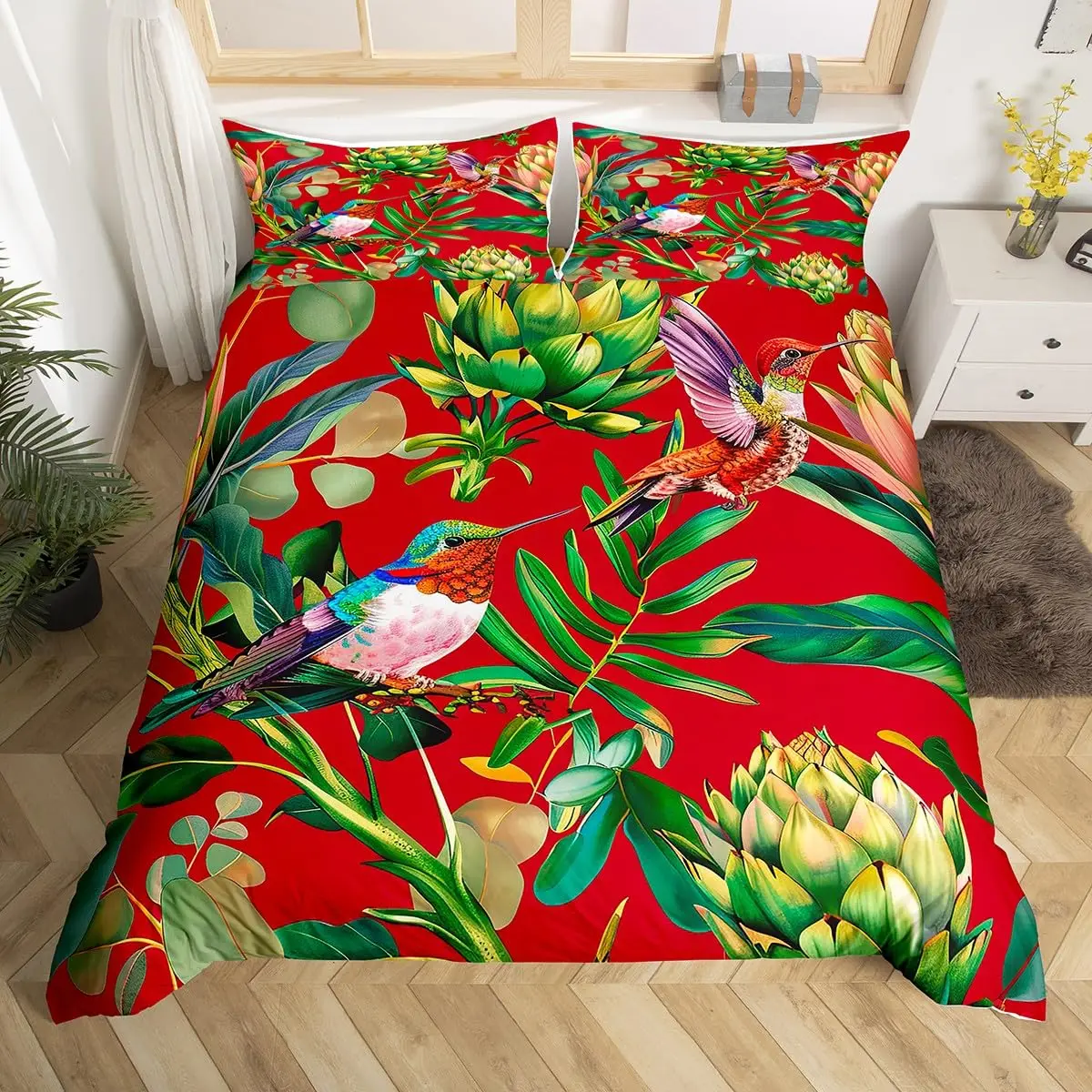 Hummingbird Bedding Set Groovy Flower Comforter Cover Set Tropical Birds Duvet Cover Bedroom Decor Spring Flowers Quilt Cover