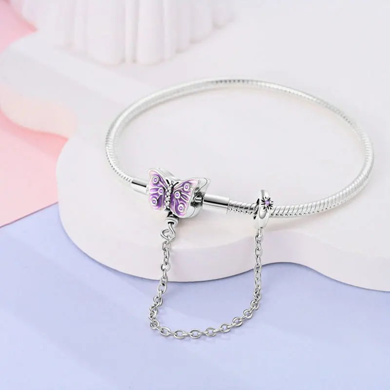 

925 Silver Bracelet 17-20CM Purple Butterfly Safety Chain Snake Bone Chain Bracelet Fit Charms Beads Fashion Women Jewelry