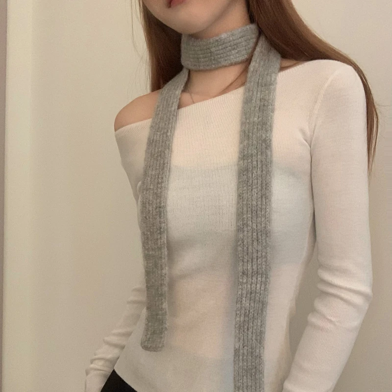Women Harajuku Wool Scarves Solid Color Long Scarves 180Cm Thin Long Decorative Neckerchief Fashion Sense Spice Girl Streetwear
