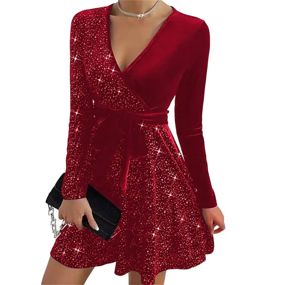 Women 2024 Hot Selling Skinny Temperament Dress Sexy Elegant Party Short Skirt V-Neck Wrap Hip Irregular Sequin Autumn Clothing