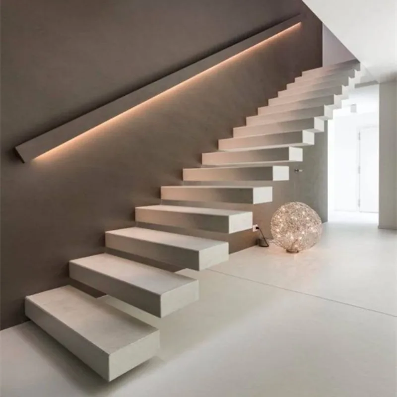 Modern high-quality indoor double-stringer steel-wood U-float staircase design with glass guide