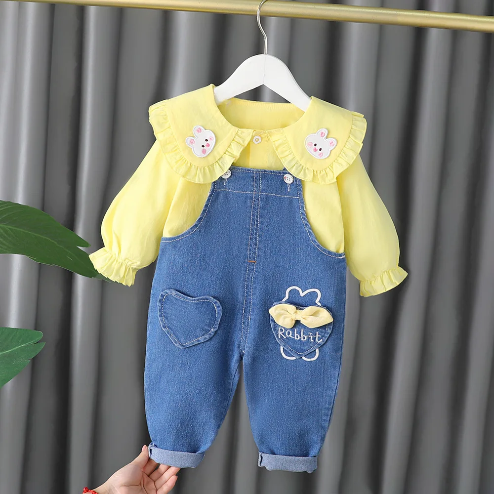 2024 kids Clothing Set cute girls 0-4year Long Sleeve Shirt+Denim overalls Outfit For Newborn Baby Girl clothes set