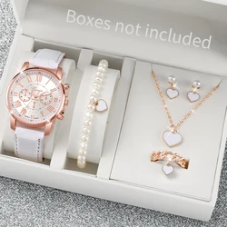 6PCS/Set Women's Watch Fashion Roma Dial Quartz Watch Casual Leather Band Wristwatches Pearls Heart Jewelry Set（Without Box）