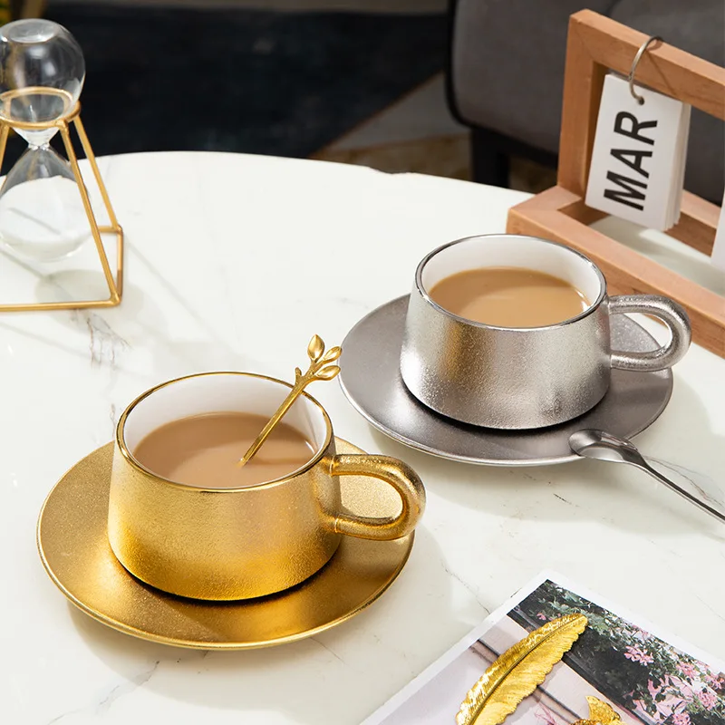 luxury gold and silver ceramic coffee cup saucer American afternoon tea exquisite matte simple coffee flower tea water cup