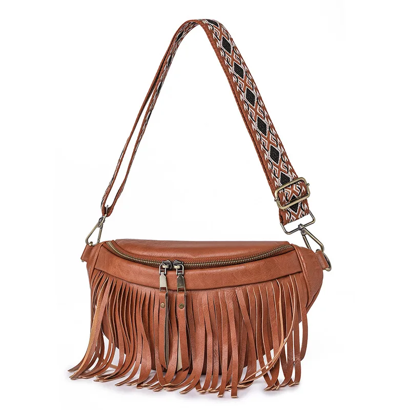 2023 European And American Retro Tassel Pleated Women's Chest Bag Fashion Shell Shaped Pu Soft Leather Crossbody Bag For Women