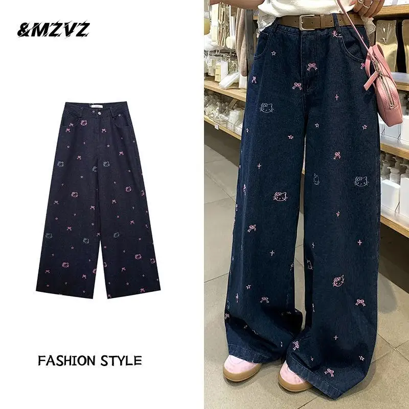 

Sanrio Hello Kitty аниме женские цветочные Y2K хип-хоп повседневные свободные прямые корейские джинсовые брюки уличная одежда Harajuku Mujer низ