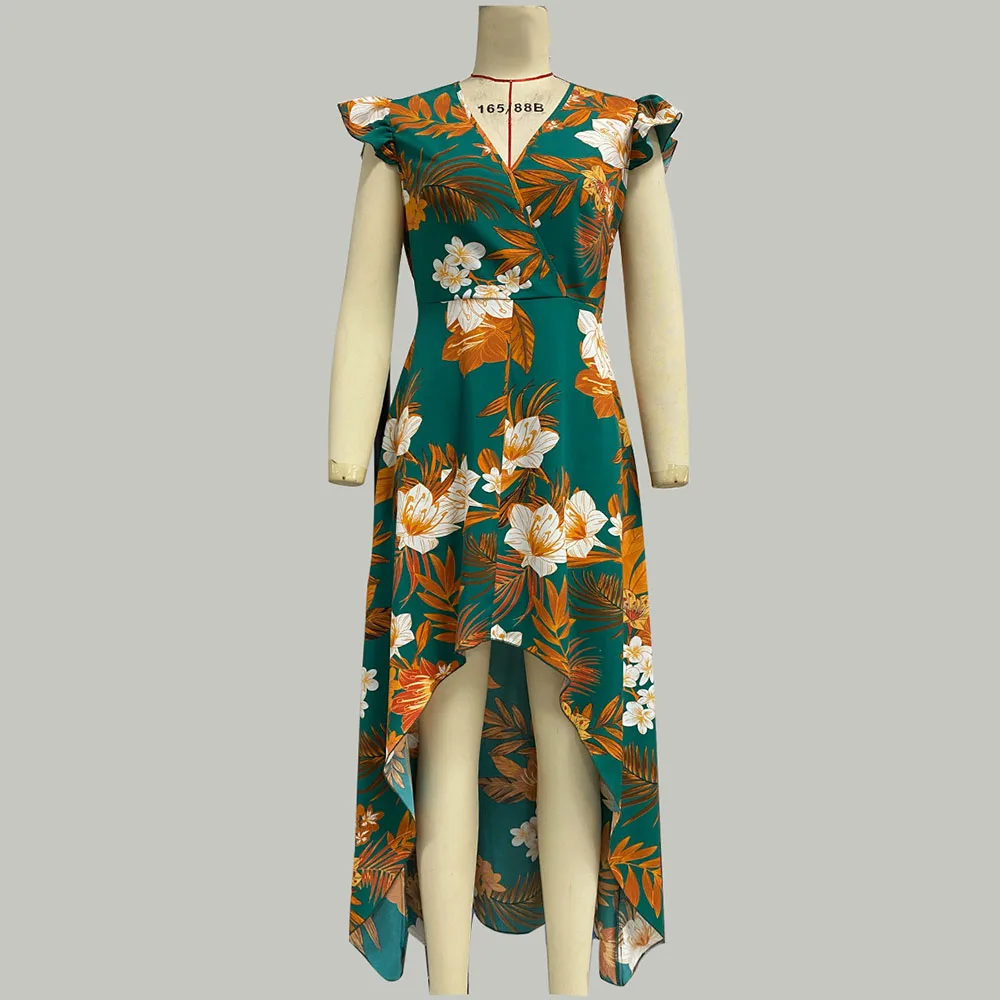 Elegantes langes Kleid mit Blumendruck für Damen, 2022, Sommermode, rüschen, ärmellos, V-Ausschnitt, schlanke Maxikleider, lässig