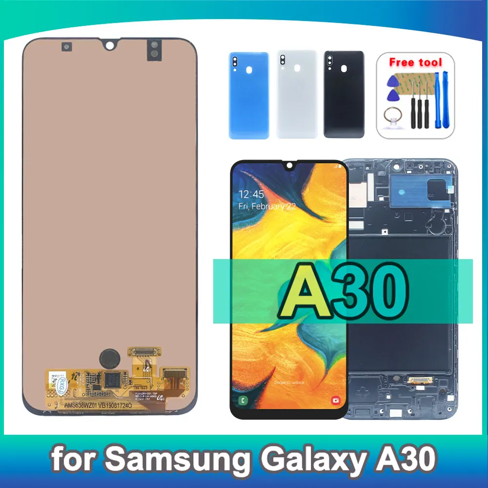 Pantalla AMOLED para Samsung Galaxy A30 A305F A305G A305N, Repuesto de Digitalizador de Pantalla Táctil con Marco para Samsung A30