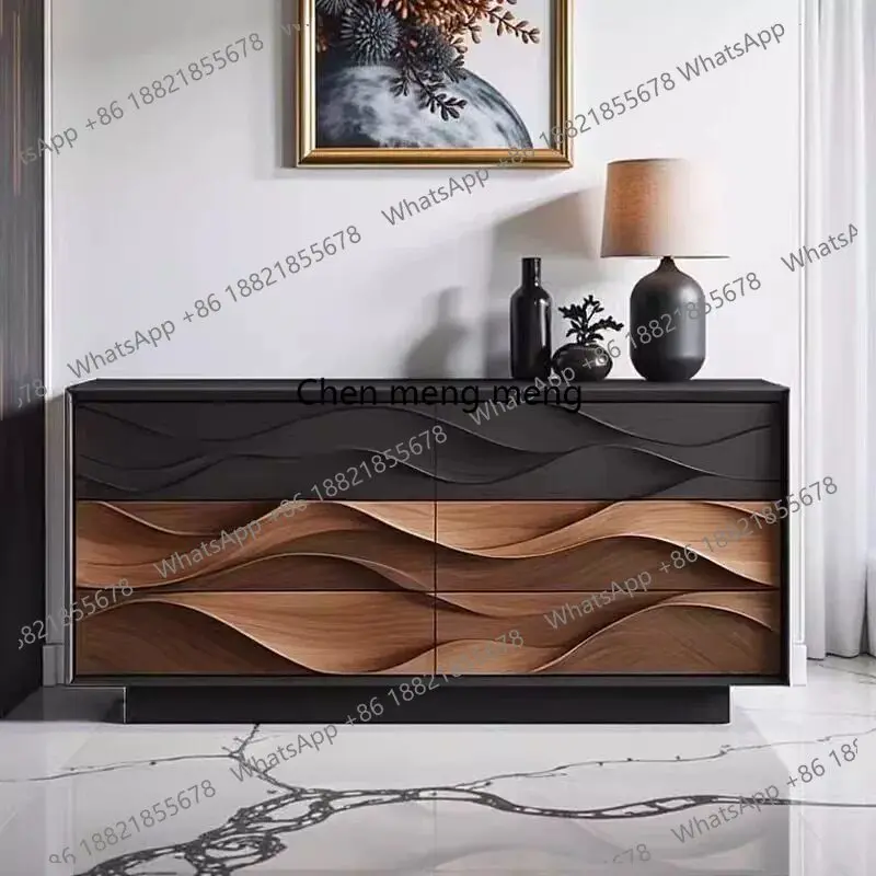 

Walnut solid wood six-bucket cabinet, living room wall locker, high-end water ripple relief storage cabinet