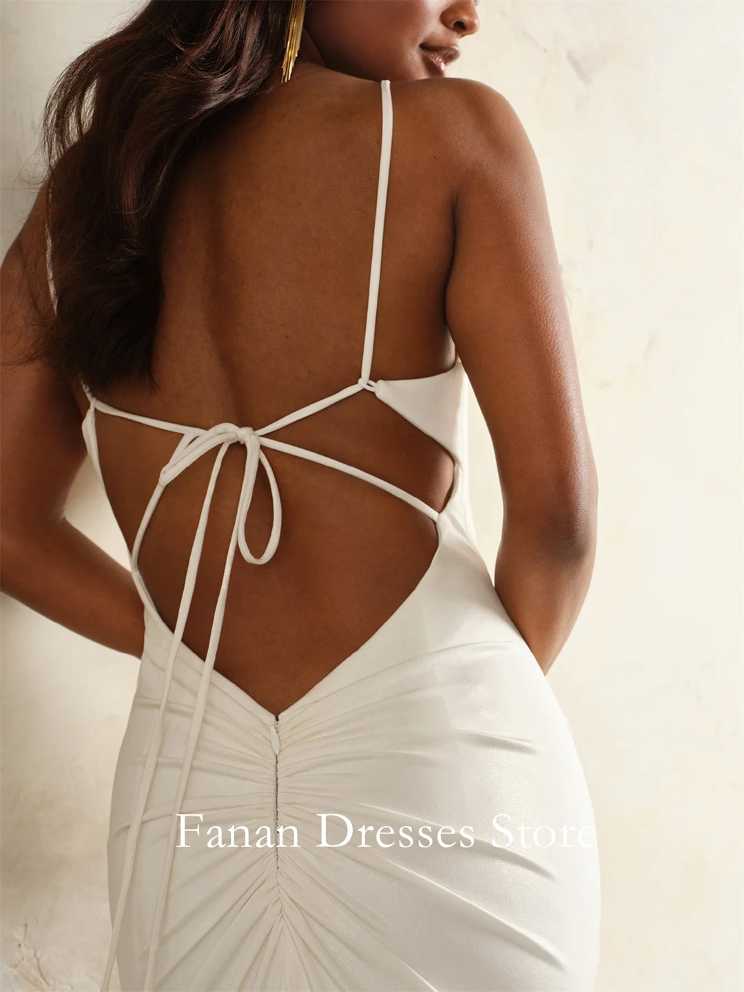 Fanan Spaghetti Straps Criss-Cross Ivory Wedding Dress Beach Customized Satin Sweep Train  Bridal Party Gown Vestidos De Novia