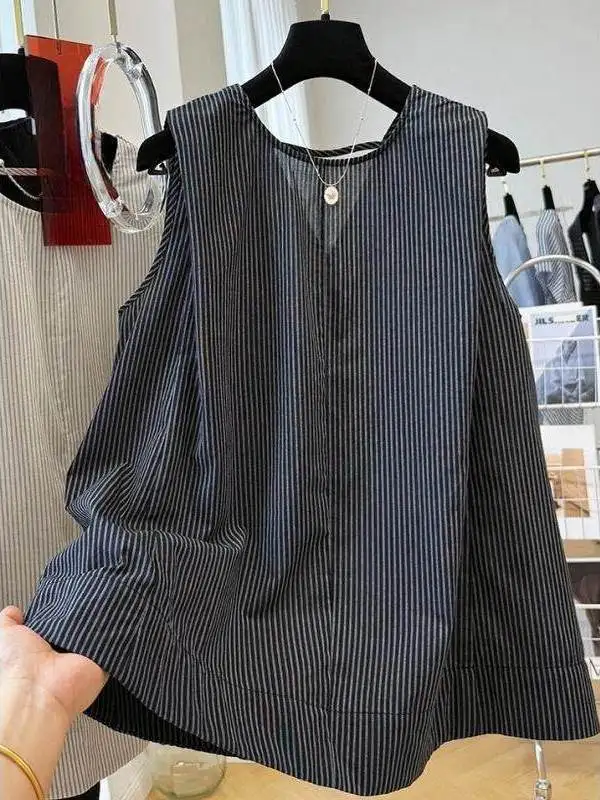 

High Quali Large Size 300 Pou Summer Korean Sle Simple Striped ex Vest Top Men's Women's Design Sense Casual irt