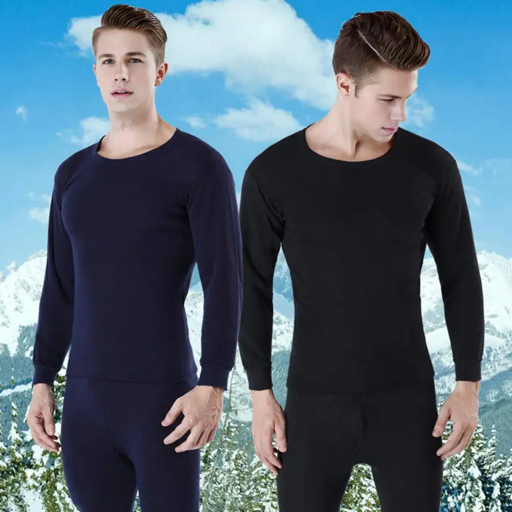 2Pcs Men's Thermal Underwear Fleece Lining Base Set Suitable For Cold Weather Plush Lining Pajamas Set O-Neck Long Sleeve Tops