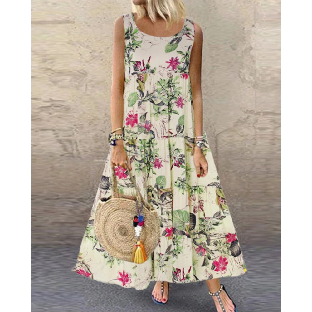 

2024 Women Floral Print Ruffle Hem Layered Midi Dress Summer Femme Sexy Sleeveless Casual O-neck Outfits Party Dress Elegant