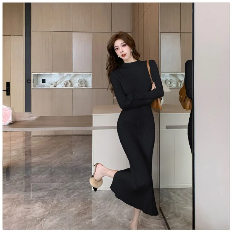 French Long-sleeved Knitted Dress Half High Neck Slim Sweater Maxi Ribbed Purple Bodycon Skirt Formal Occasions Elegant Gowns image 5
