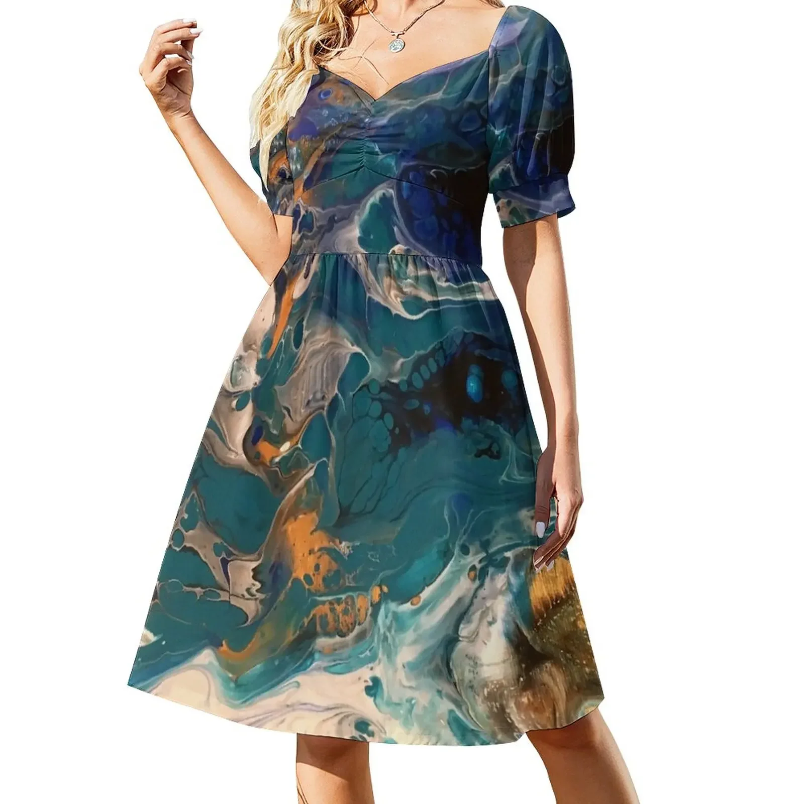 

Teal & Gold Pour Short-Sleeved Dress elegant guest wedding dress women's dresses luxury summer dress