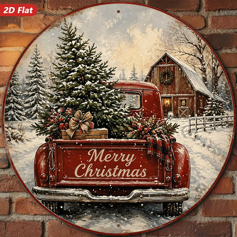 2D Flat, 1pc Christmas Pickup Truck Round Metal Sign Wall Art, Merry Christmas Message, Home Decor, Ideal for Living Room Garden