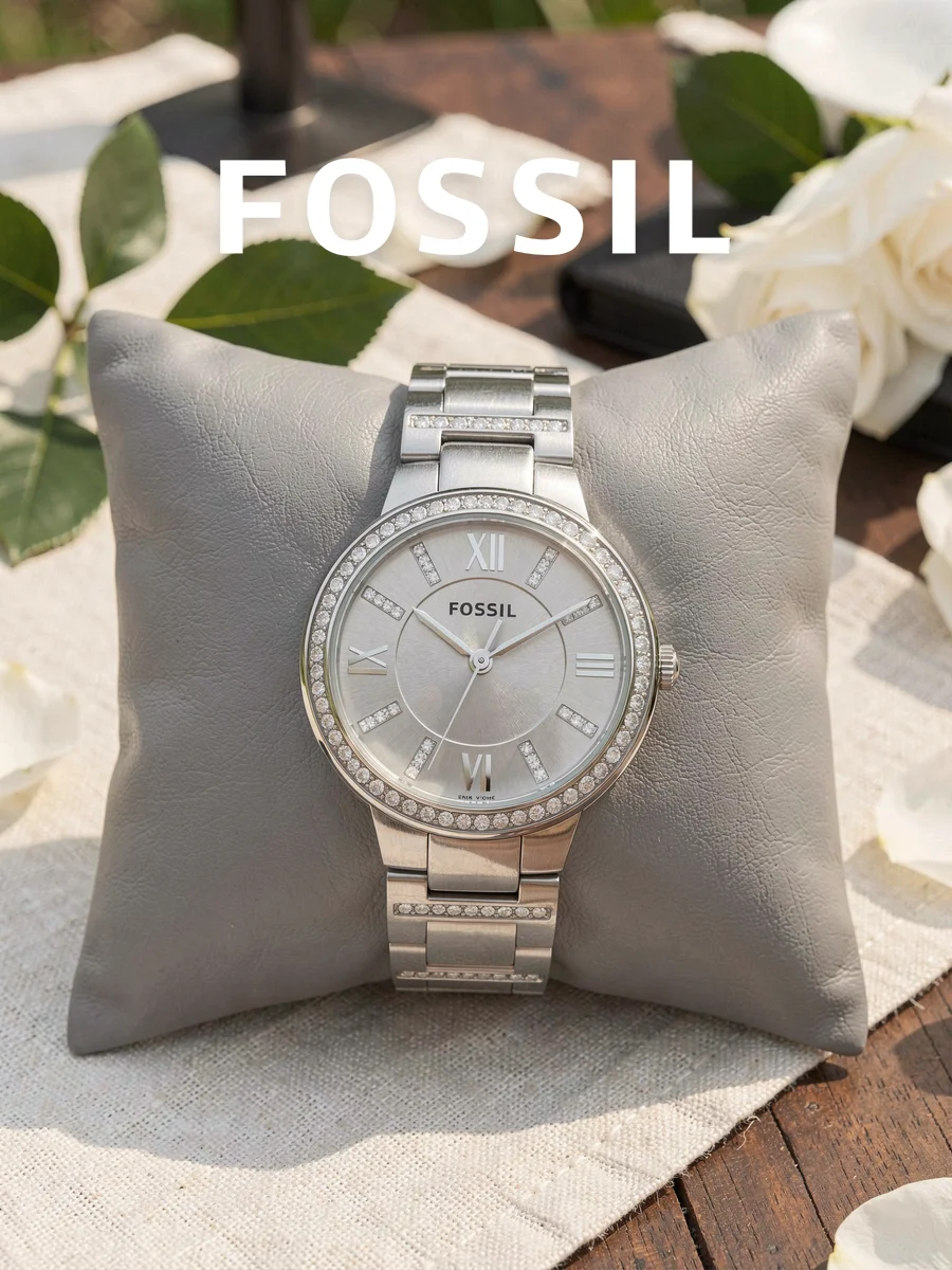 FOSSIL ES3282 Women Quartz Watch Silver Roman Dial Crystal Bezel Stainless Steel Band Wristwatch For Party Dating Birthday Gift