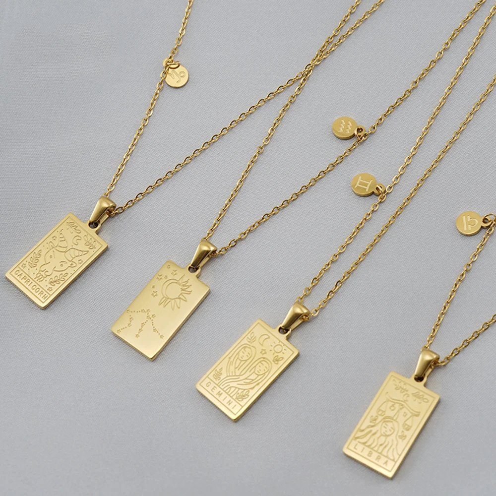 12 Constellations Tarot Necklace Stainless Steel Plating Gold Color Square Zodiac Sign Pendant Clavicle Chain for Women Jewelry