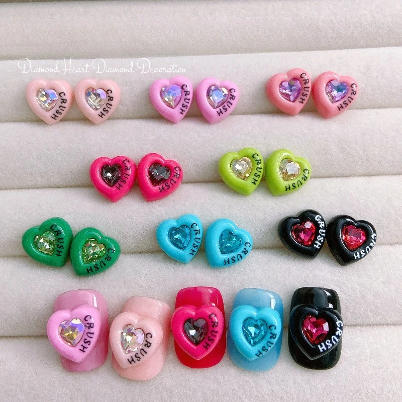 10Pcs dopamine heart nail charms, letter embedded crystal peach hearts as popular delicate nail art decorative accessories