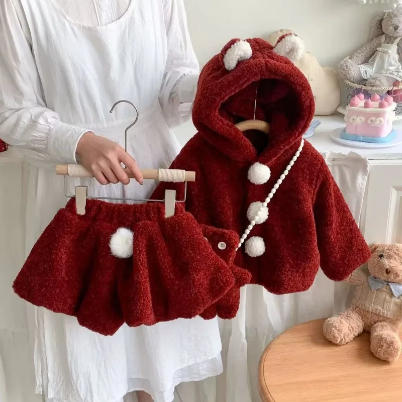 

Children's Clothing Winter Outfit with Fleece Red Hooded Lamb Fleece Jacket, Flower Bud Pants, New Year's Clothing Set