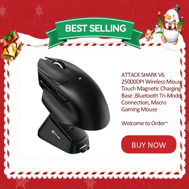 

Беспроводная мышь ATTACK SHARK V6 25000 точек на дюйм, сенсорная магнитная зарядная база, трехрежимное подключение Bluetooth, игровая мышь для макросов