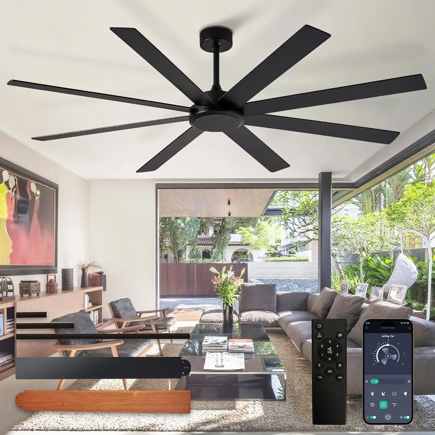 

72-Inch Black Ceiling Fan without Light, Indoor/Outdoor Fan with Reversible DC Motor, 6 Speed, Dual 8 Blades, Ideal for Living Room and Covered Patio
