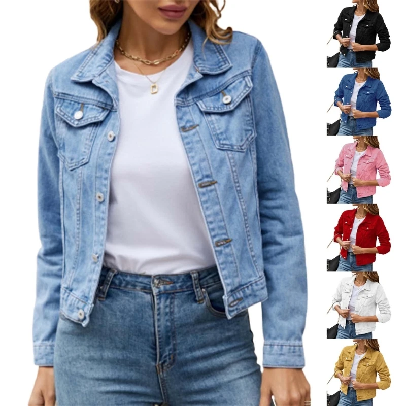 

Women's Long Sleeve Cropped Denims Casual Short Jean Trucker Coat Dropship