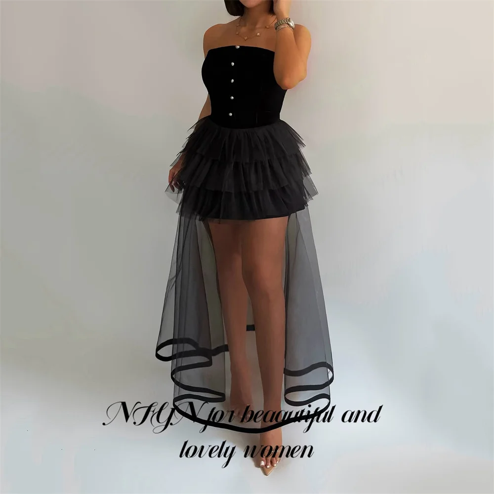 NFYN ثوب مسائي أسود بدون حمالات فساتين لحضور الحفلات الموسيقية فساتين سهرة زفاف صغيرة مخملية مع طبقات تول رداء de soirée مخصص #2